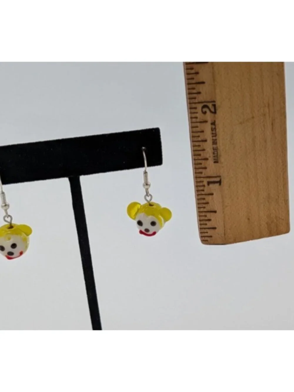 funky glow in the dark art glass beads monkey face dangle earrings yellow clown